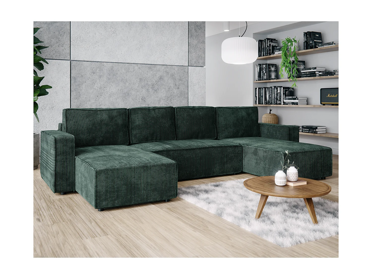 Wohnlandschaft U-Form BRIK XL Cord Poso 14 Tannengrün mit Schlaffunktion DL und Bettkasten 338x169 cm