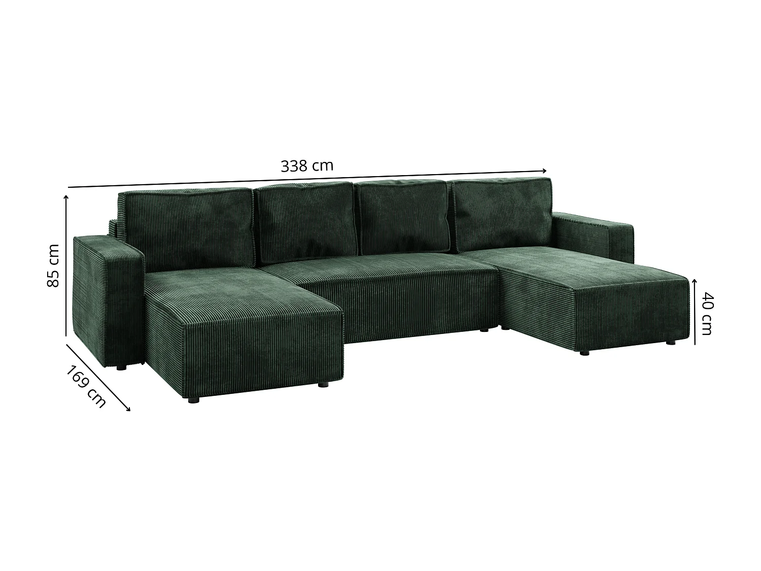 Wohnlandschaft U-Form BRIK XL Cord Poso 14 Tannengrün mit Schlaffunktion DL und Bettkasten 338x169 cm