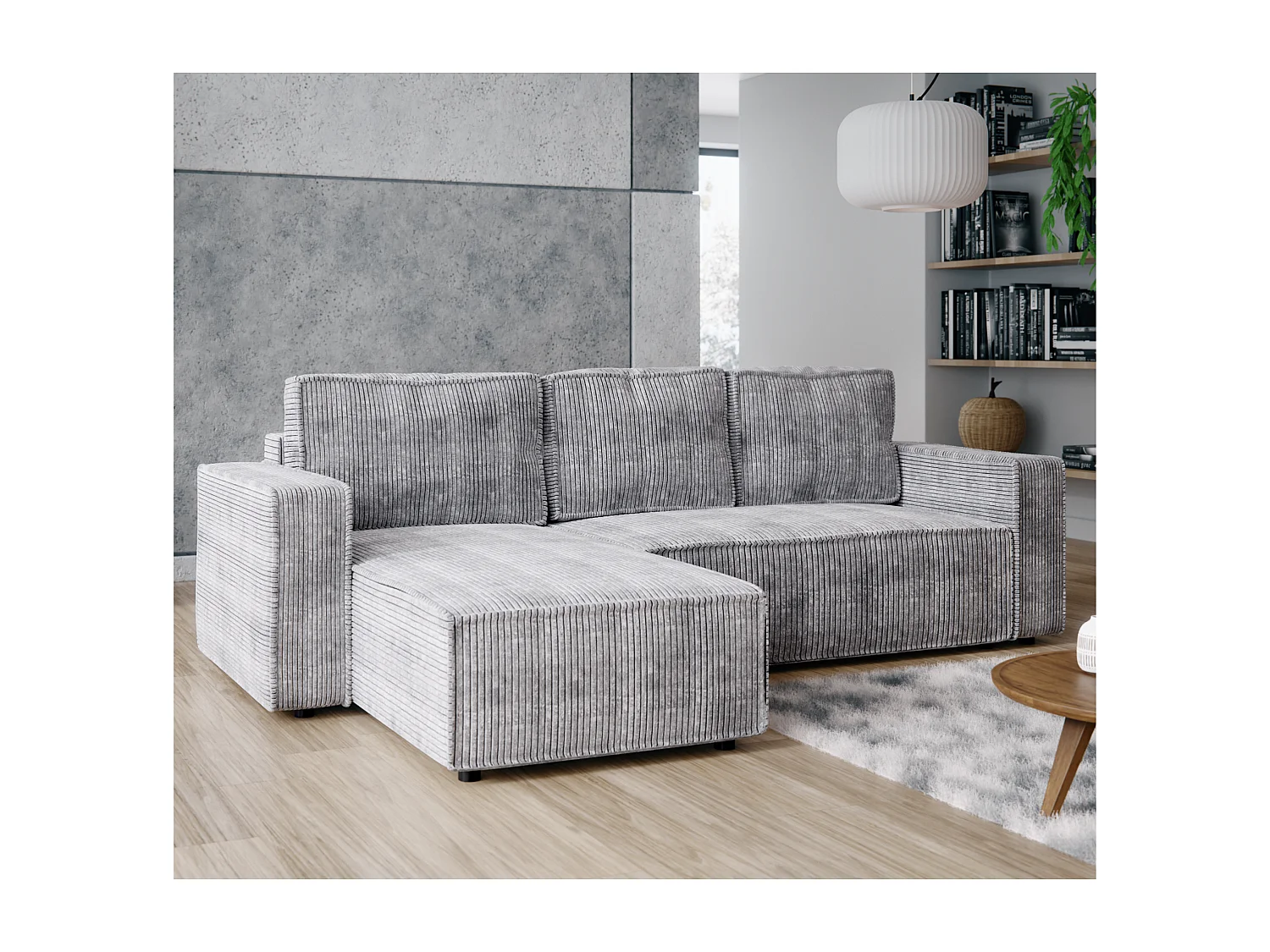 Ecksofa L-Form mit Schlaffunktion DL und Bettkasten 258x169 Cord Poso Grau BRIK Sofa