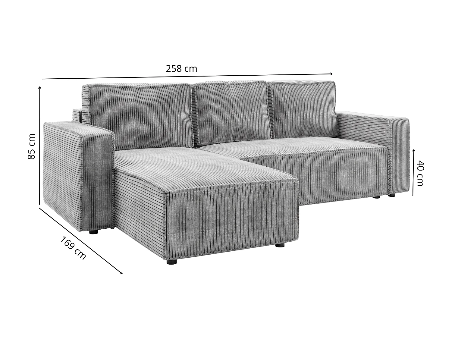 Ecksofa L-Form mit Schlaffunktion DL und Bettkasten 258x169 Cord Poso Grau BRIK Sofa