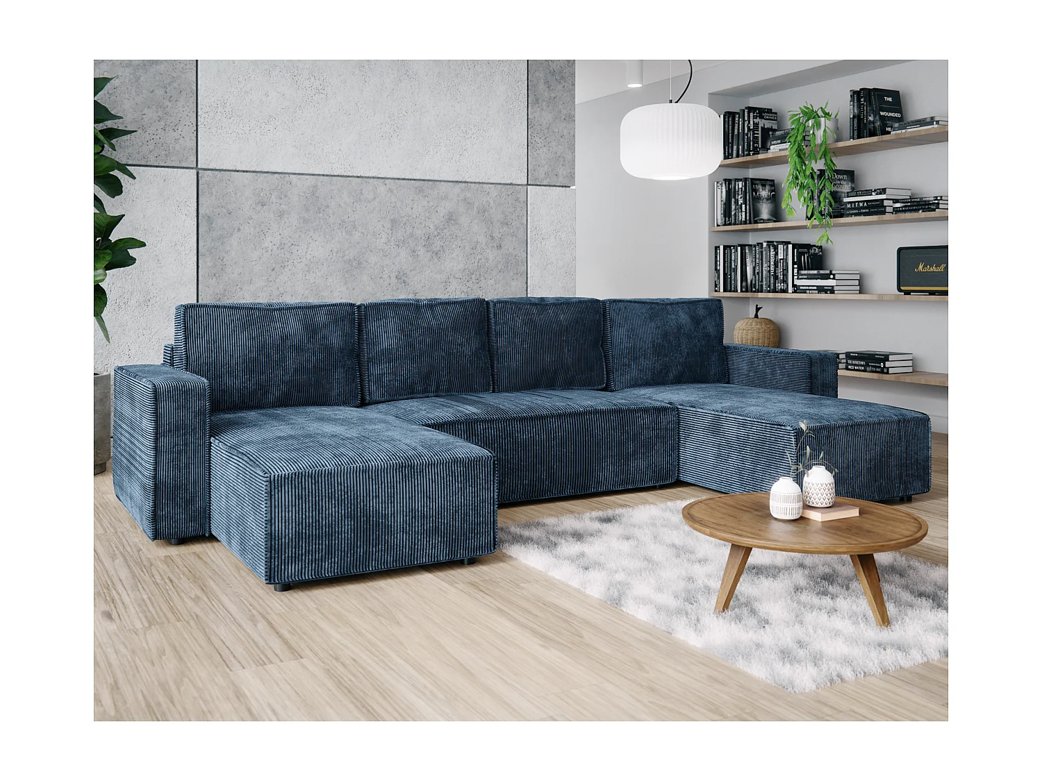Wohnlandschaft U-Form BRIK XL Cord Poso 05 Meerblau mit Schlaffunktion DL und Bettkasten 338x169 cm