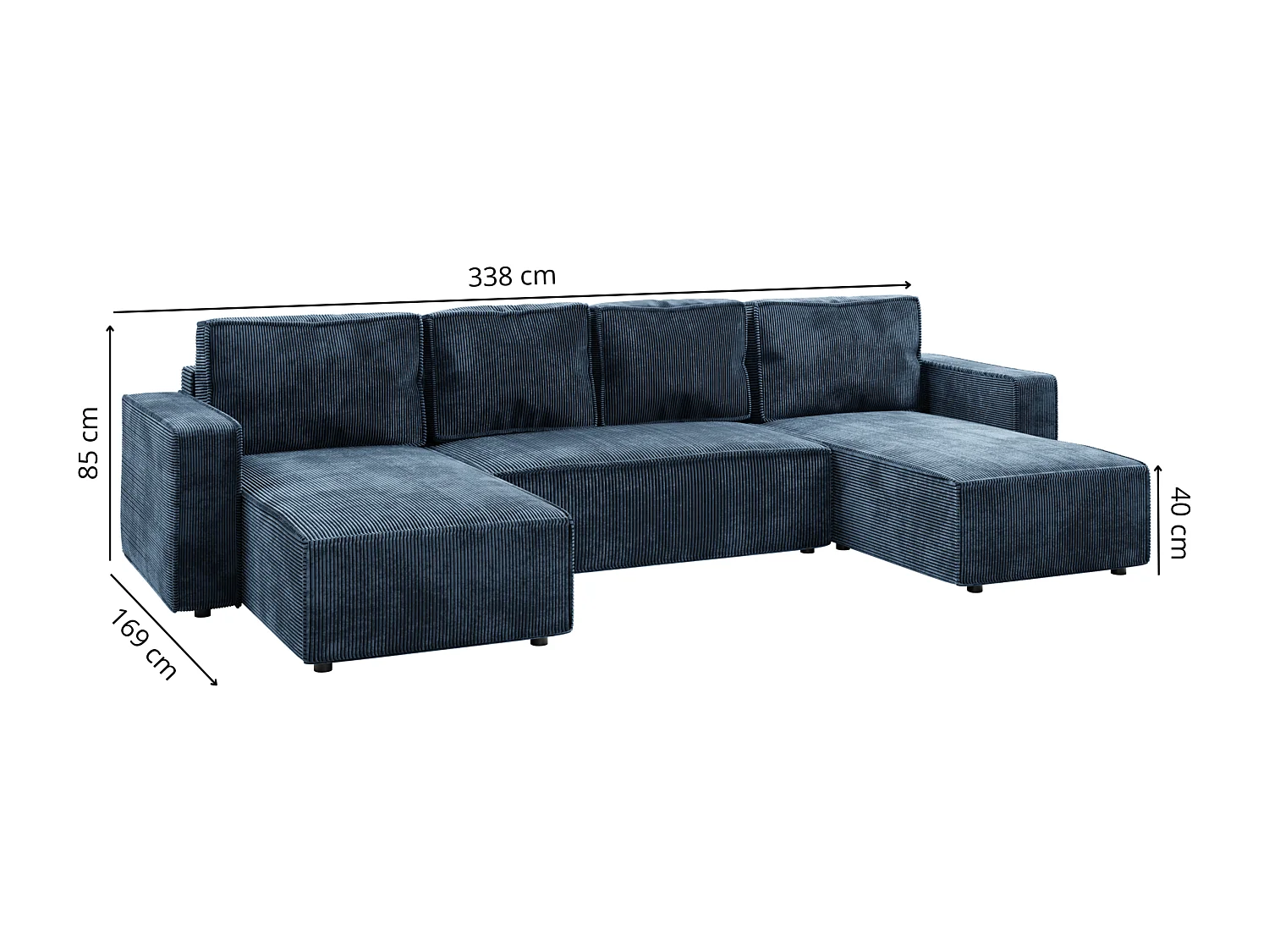 Wohnlandschaft U-Form BRIK XL Cord Poso 05 Meerblau mit Schlaffunktion DL und Bettkasten 338x169 cm