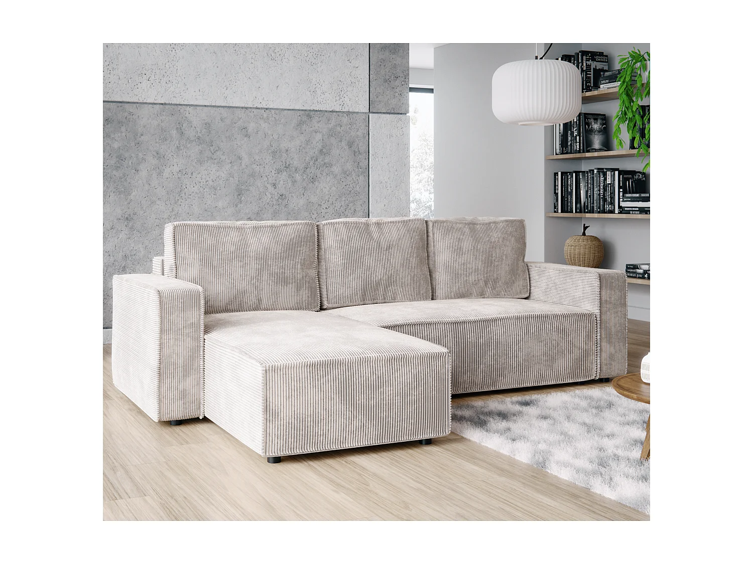 Ecksofa L-Form mit Schlaffunktion DL und Bettkasten 258x169 Cord Poso Cremeweiß BRIK Sofa