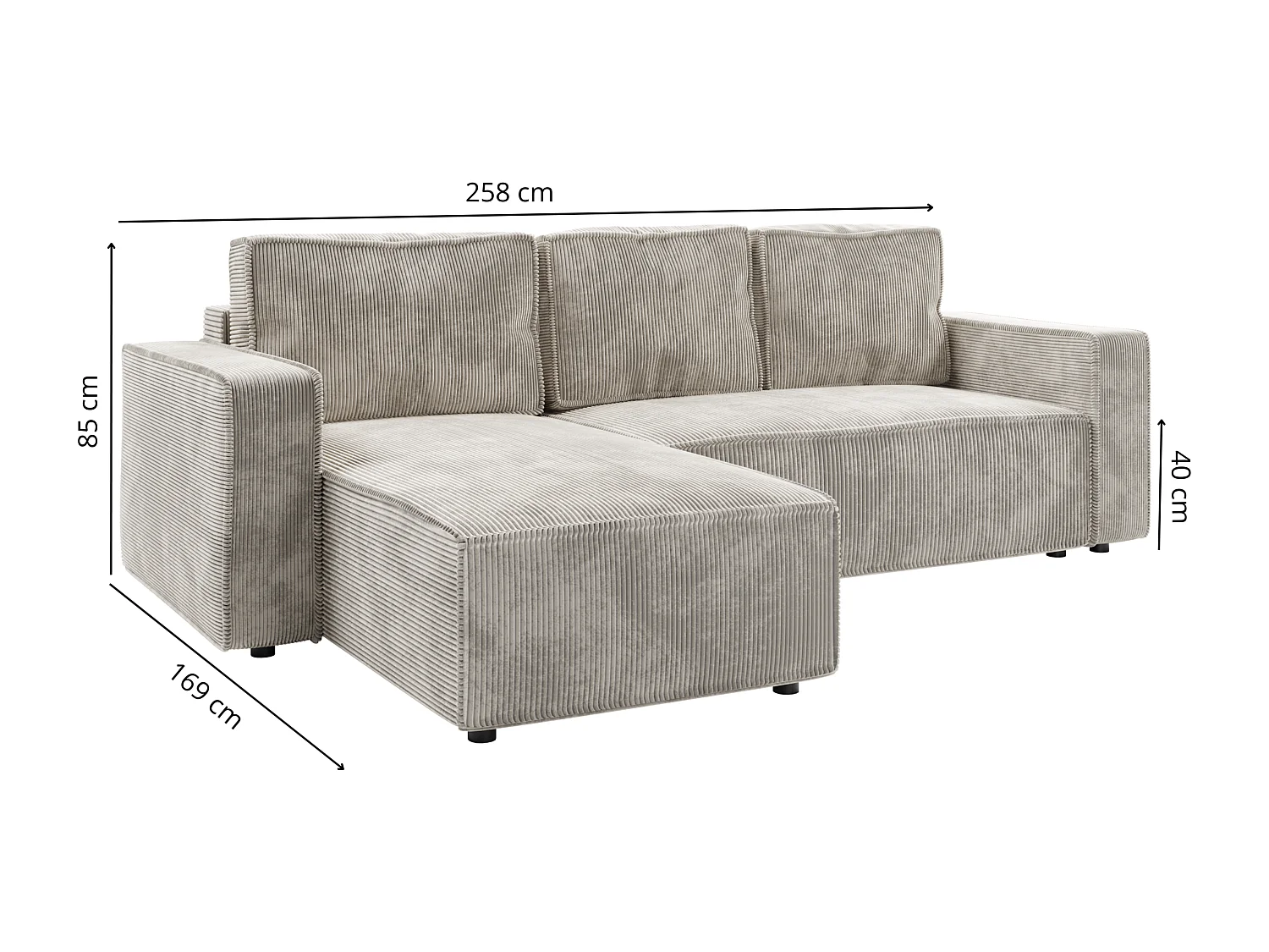 Ecksofa L-Form mit Schlaffunktion DL und Bettkasten 258x169 Cord Poso Cremeweiß BRIK Sofa