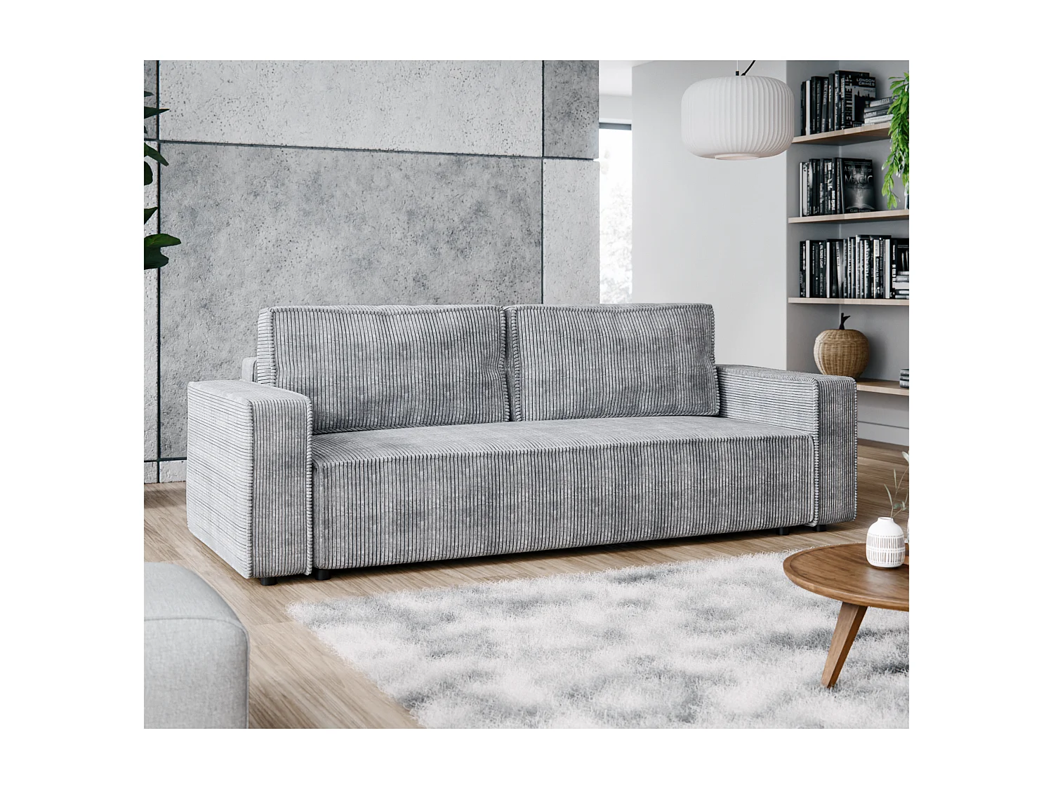 Schlafsofa BRIK 3-Sitzer Cord Poso Grau - Schlaffunktion DL & Bettkasten