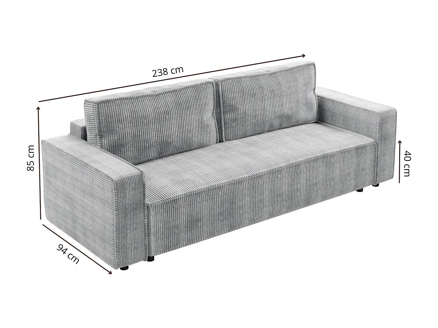 Schlafsofa BRIK 3-Sitzer Cord Poso Grau - Schlaffunktion DL & Bettkasten