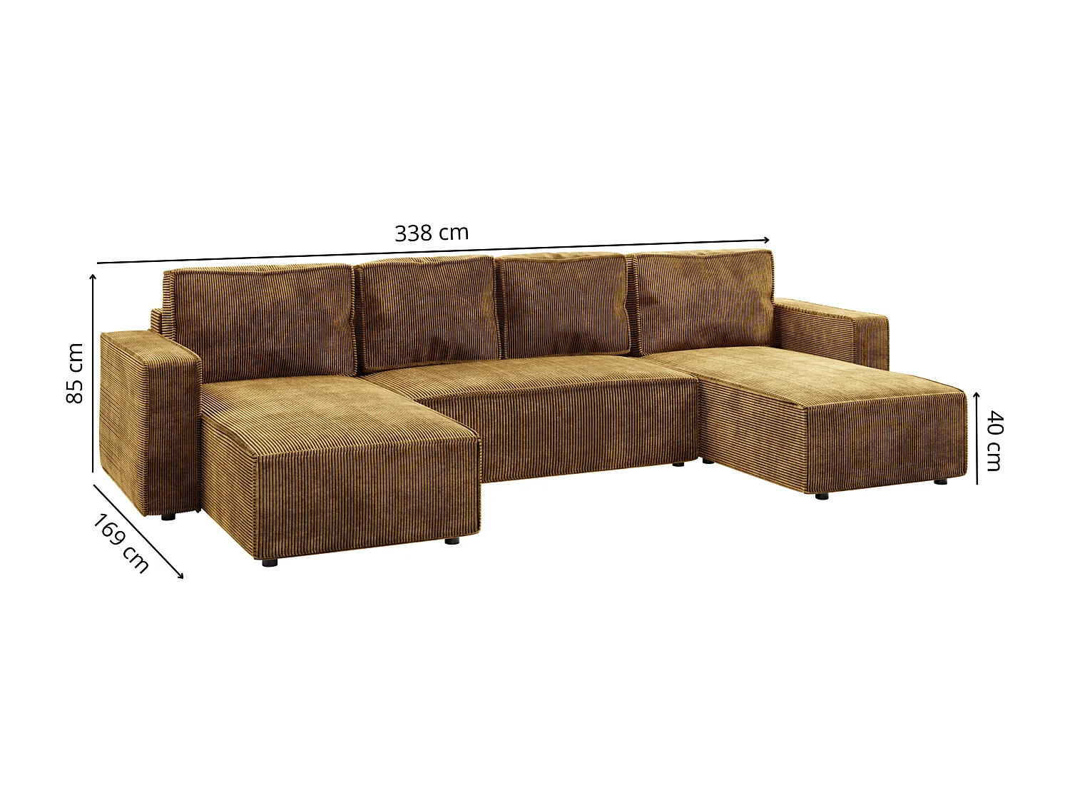 Wohnlandschaft U-Form BRIK XL Cord Poso 01 Senfgelb mit Schlaffunktion DL und Bettkasten 338x169 cm