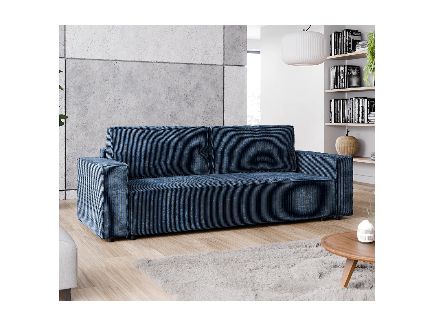 Schlafsofa BRIK 3-Sitzer Cord Poso Meerblau - Schlaffunktion DL & Bettkasten