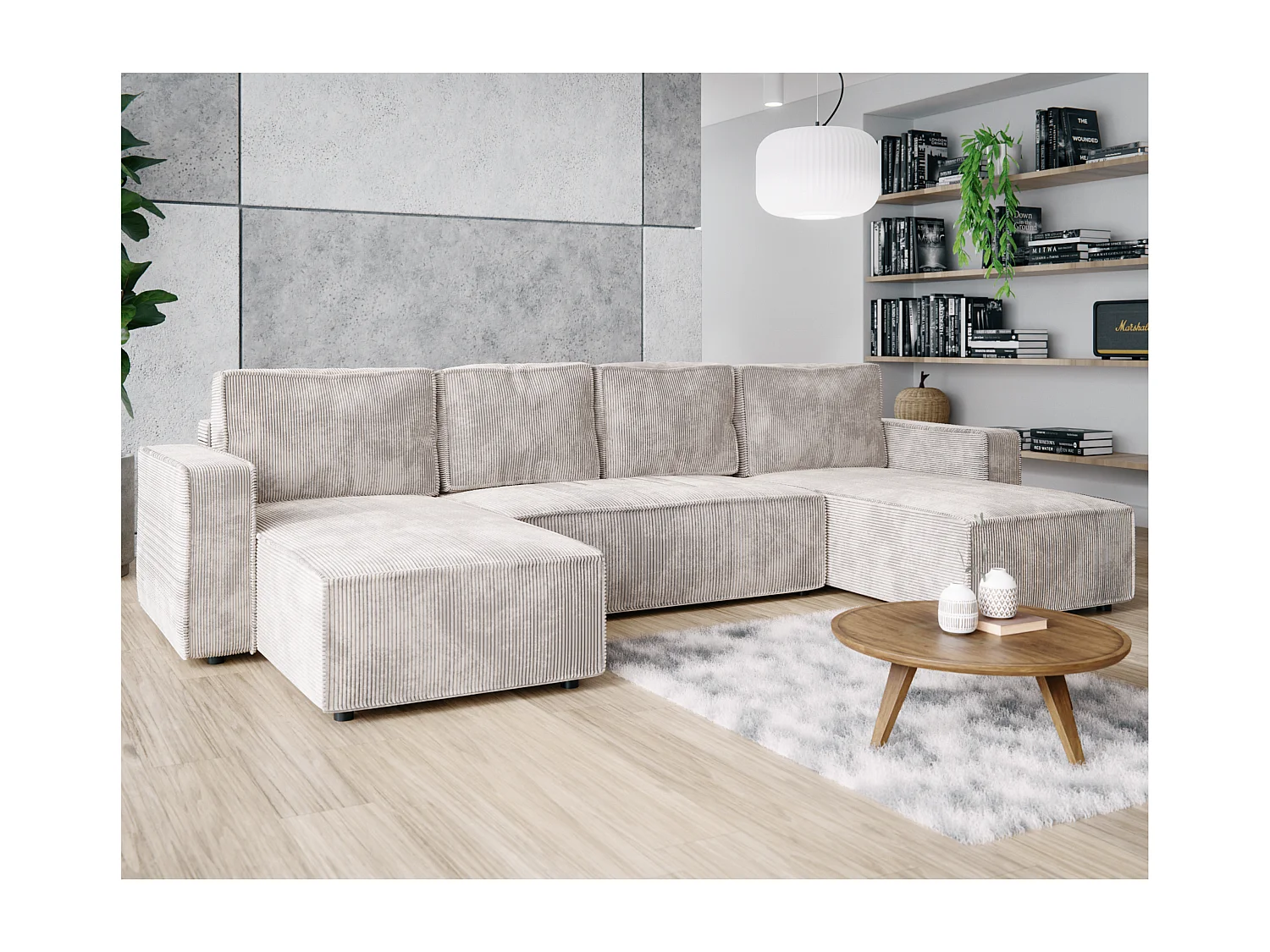 Wohnlandschaft U-Form BRIK XL Cord Poso 100 Cremeweiß mit Schlaffunktion DL und Bettkasten 338x169 cm