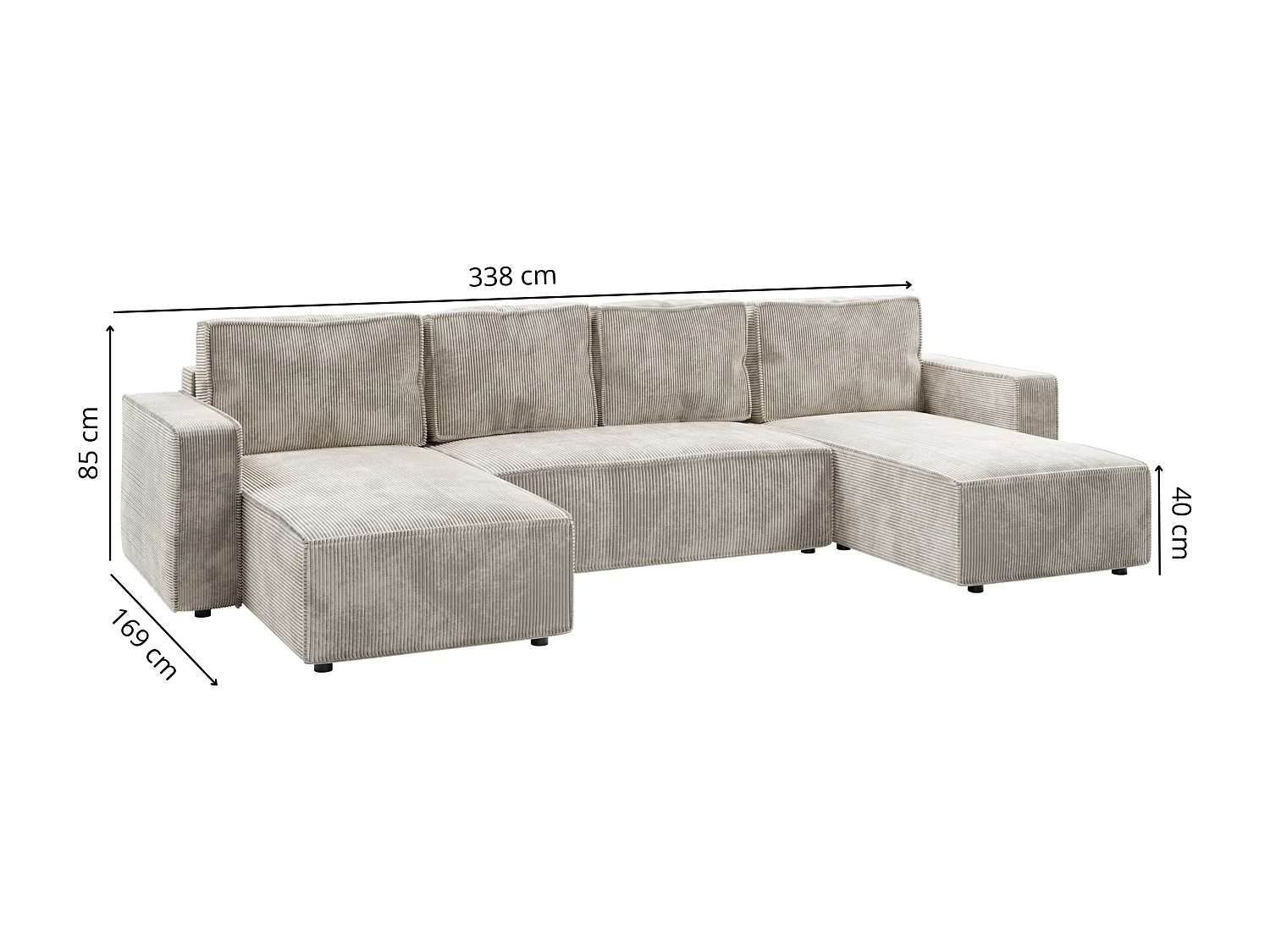 Wohnlandschaft U-Form BRIK XL Cord Poso 100 Cremeweiß mit Schlaffunktion DL und Bettkasten 338x169 cm