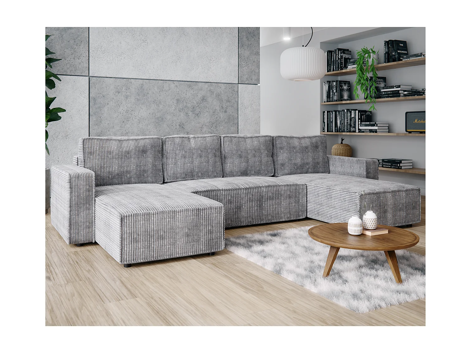 Wohnlandschaft U-Form BRIK XL Cord Poso 55 Grau mit Schlaffunktion DL und Bettkasten 338x169 cm