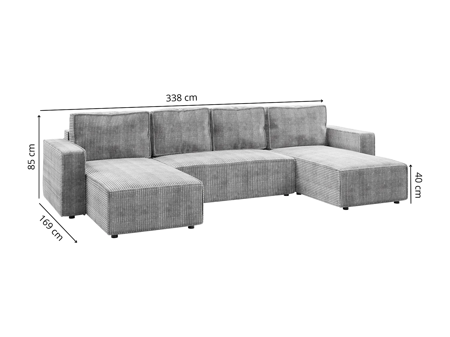 Wohnlandschaft U-Form BRIK XL Cord Poso 55 Grau mit Schlaffunktion DL und Bettkasten 338x169 cm