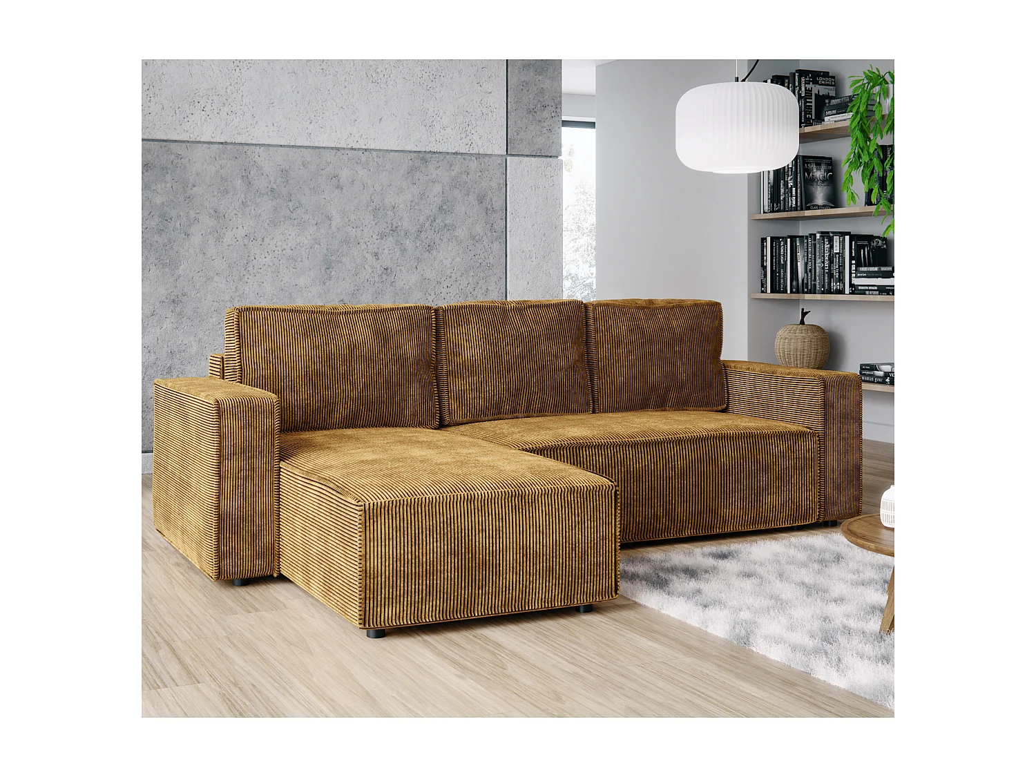 Ecksofa L-Form mit Schlaffunktion DL und Bettkasten 258x169 Cord Poso Senfgelb BRIK Sofa