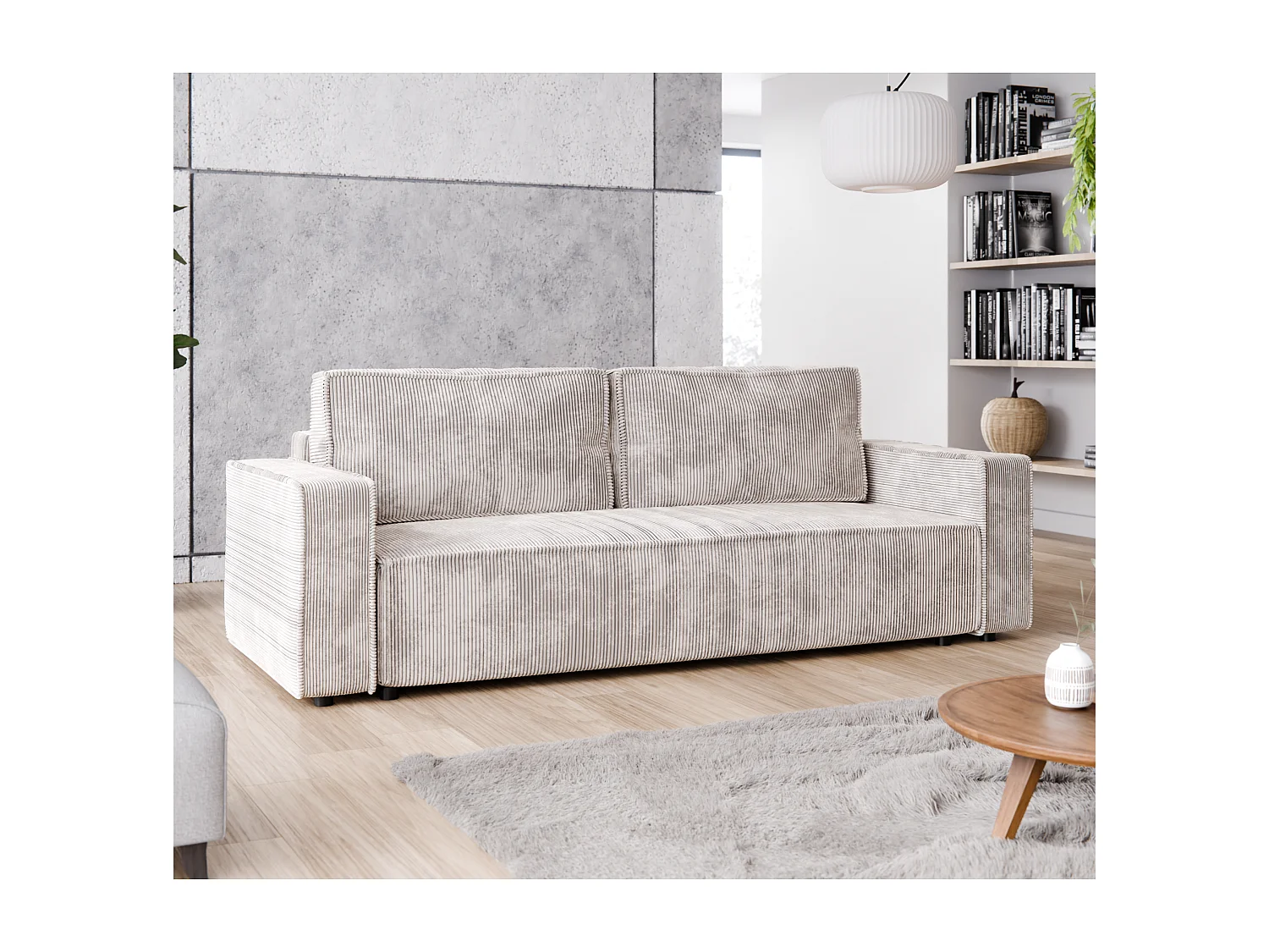 Schlafsofa BRIK 3-Sitzer Cord Poso Cremeweiß - Schlaffunktion DL & Bettkasten