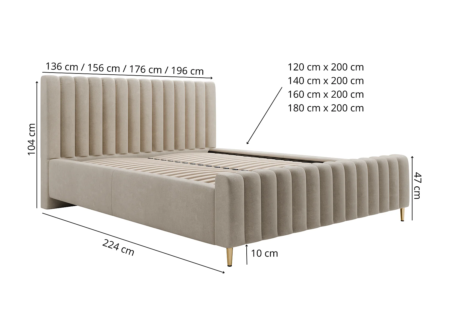 Polsterbett 140x200 mit Bettkasten & Metallrahmen LUX Amon Beige