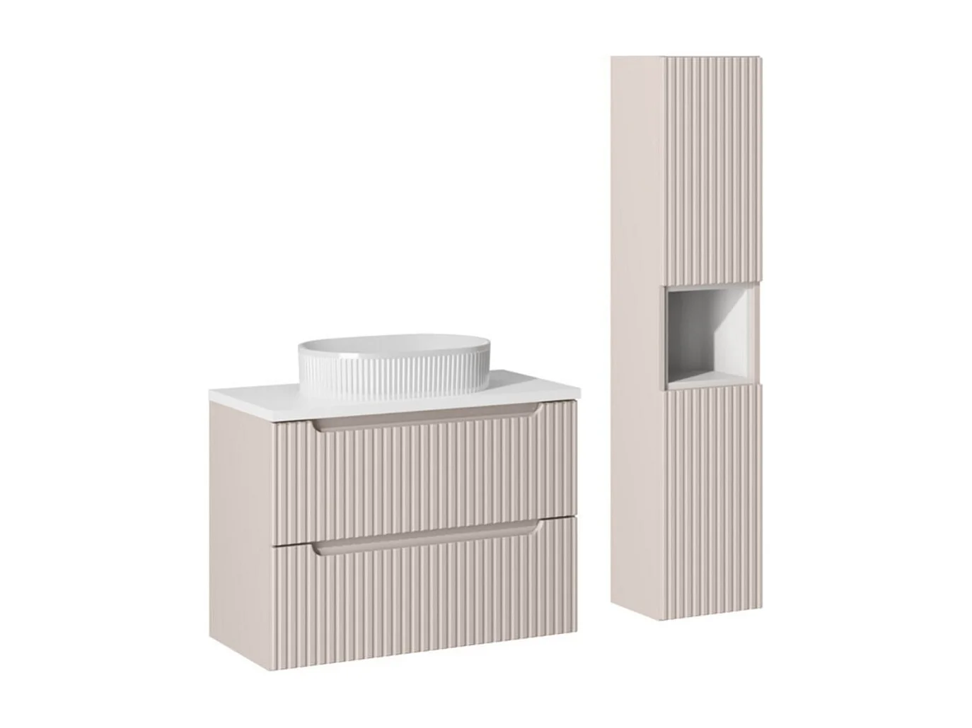 Set VANO cashmere e bianco 110cm: mobile sottolavabo con cassetti + lavabo da appoggio bianco scanalato + colonna