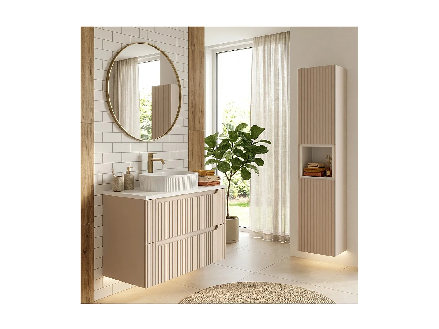 Set VANO cashmere e bianco 110cm: mobile sottolavabo con cassetti + lavabo da appoggio bianco scanalato + colonna
