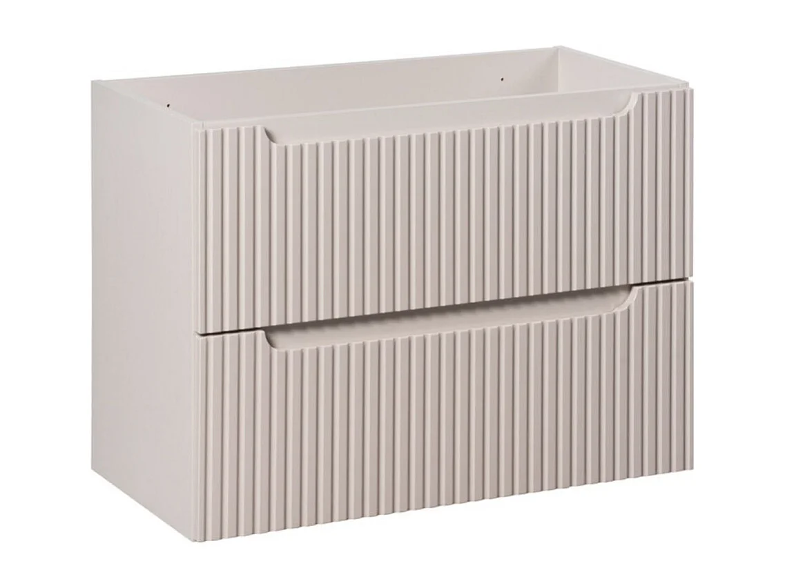 Set VANO cashmere e bianco 110cm: mobile sottolavabo con cassetti + lavabo da appoggio bianco scanalato + colonna