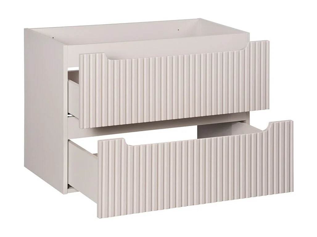 Set VANO cashmere e bianco 110cm: mobile sottolavabo con cassetti + lavabo da appoggio bianco scanalato + colonna