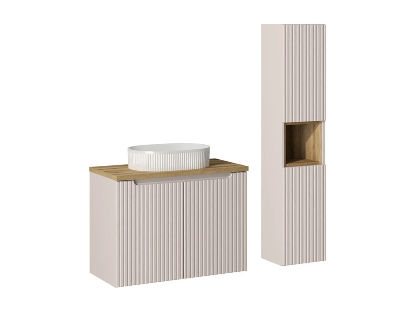 Ensemble VANO cachemire et chêne 110cm : meuble sous vasque à placards + vasque à poser rainurée blanche + colonne