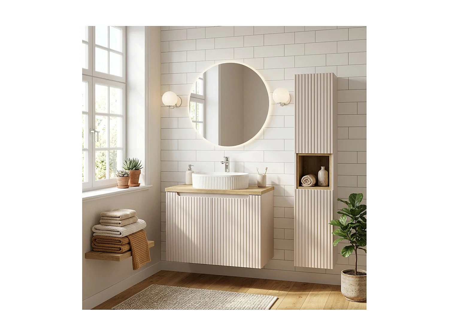 Ensemble VANO cachemire et chêne 110cm : meuble sous vasque à placards + vasque à poser rainurée blanche + colonne