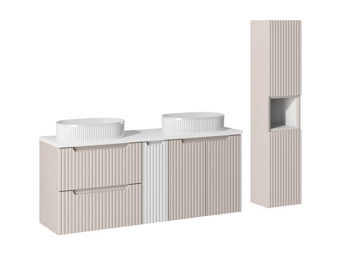 Ensemble VANO cachemire et blanc 170cm : meubles sous vasque à tiroirs et placards + vasques à poser rainurées + colonne