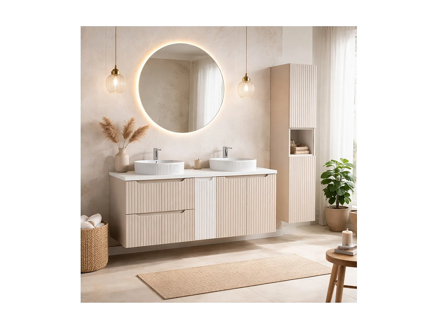 Ensemble VANO cachemire et blanc 170cm : meubles sous vasque à tiroirs et placards + vasques à poser rainurées + colonne