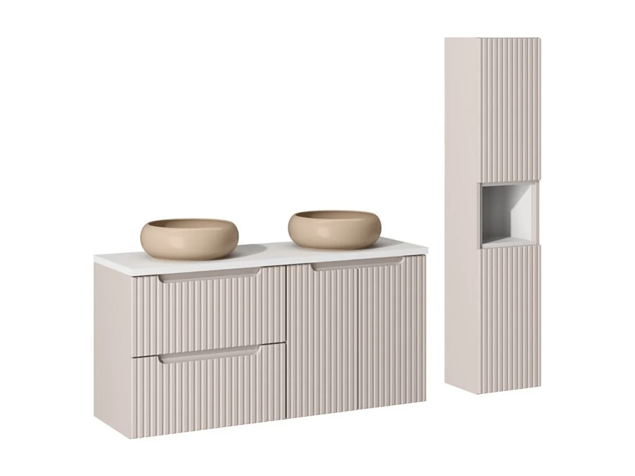 Conjunto VANO cachemira y blanco 150cm: muebles bajo lavabo con cajones y armarios + lavabos sobre encimera marrón capuchino + columna