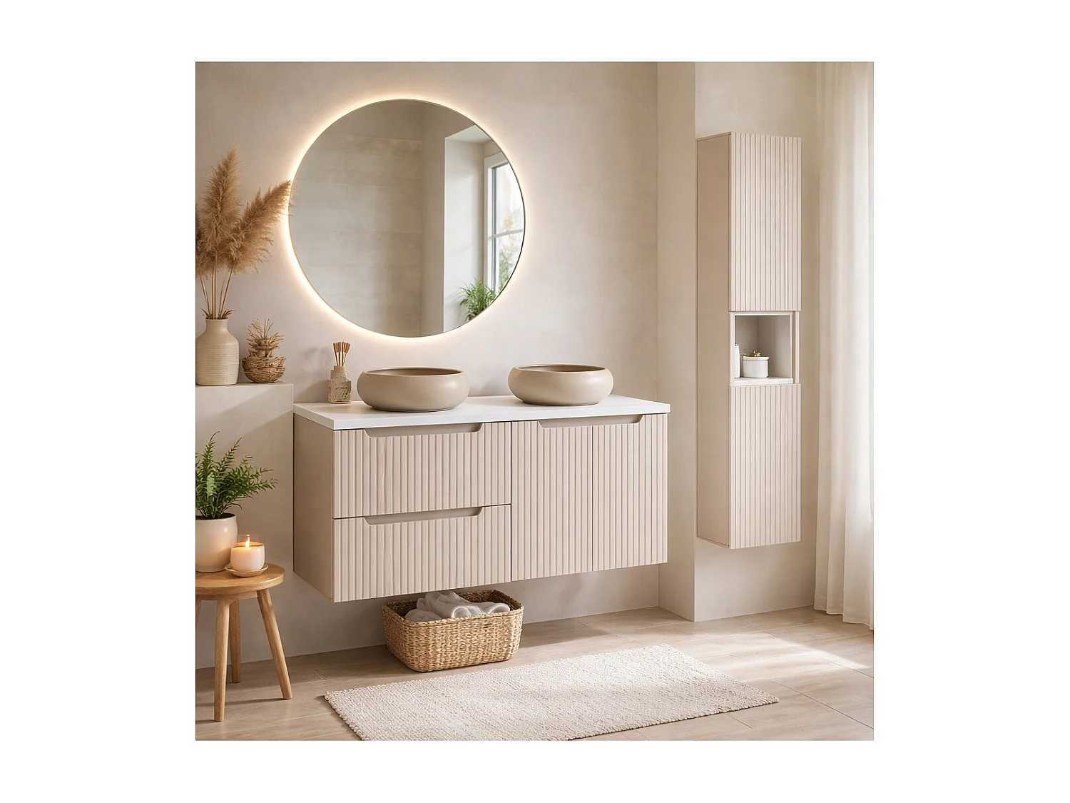 Conjunto VANO cachemira y blanco 150cm: muebles bajo lavabo con cajones y armarios + lavabos sobre encimera marrón capuchino + columna