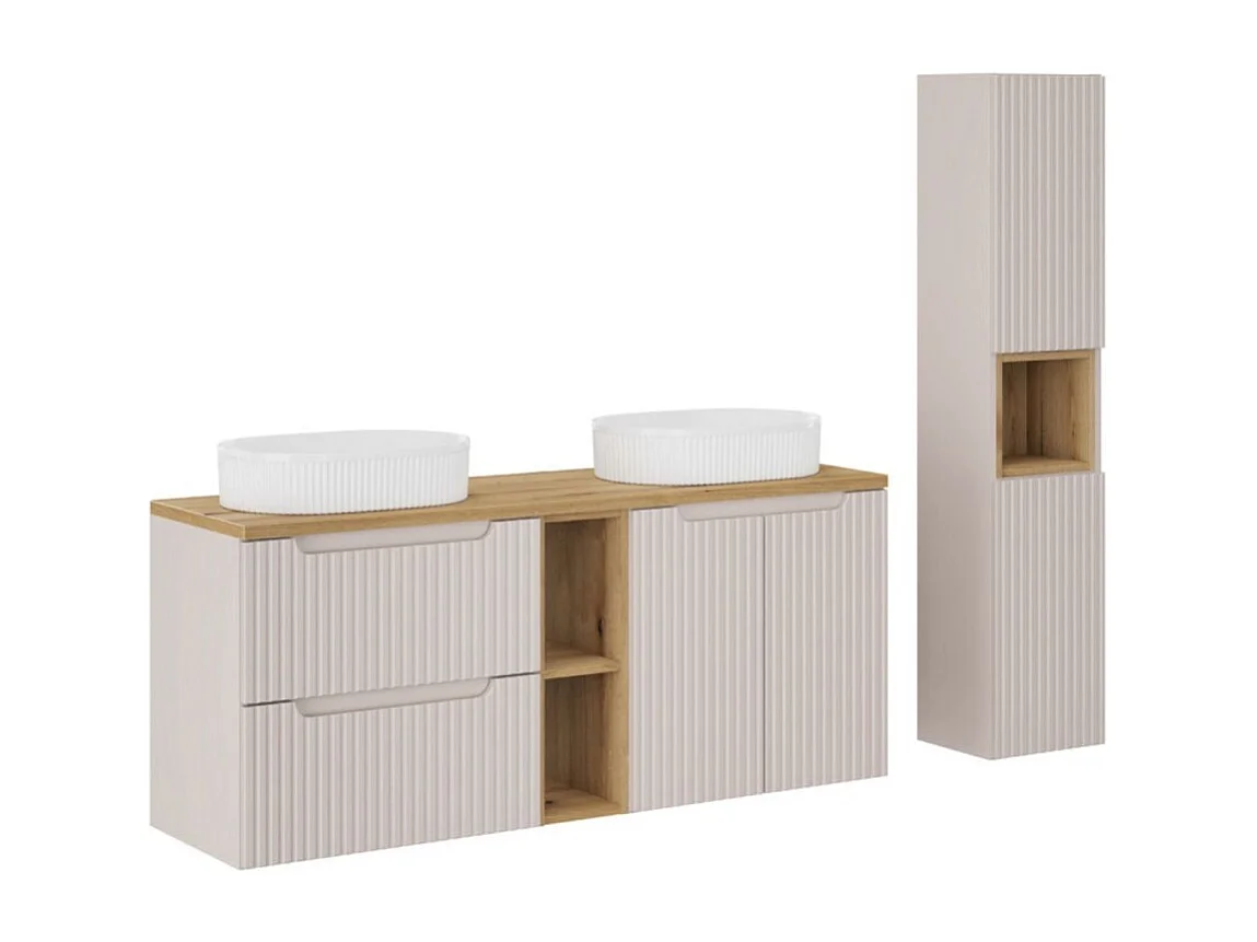 Ensemble VANO cachemire et chêne 170cm : meubles sous vasque à tiroirs et placards avec niches visibles + vasques à poser + colo