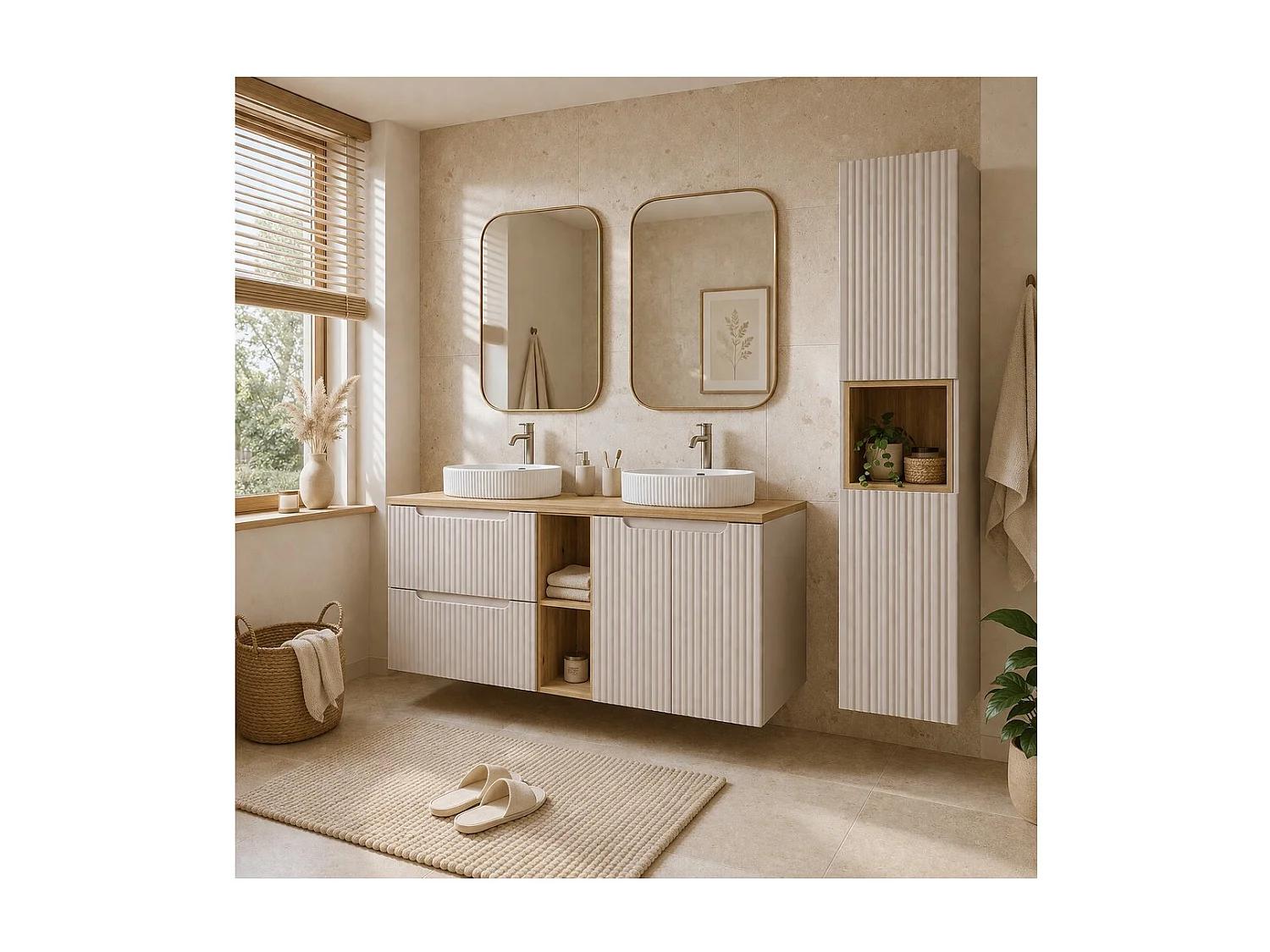 Ensemble VANO cachemire et chêne 170cm : meubles sous vasque à tiroirs et placards avec niches visibles + vasques à poser + colo