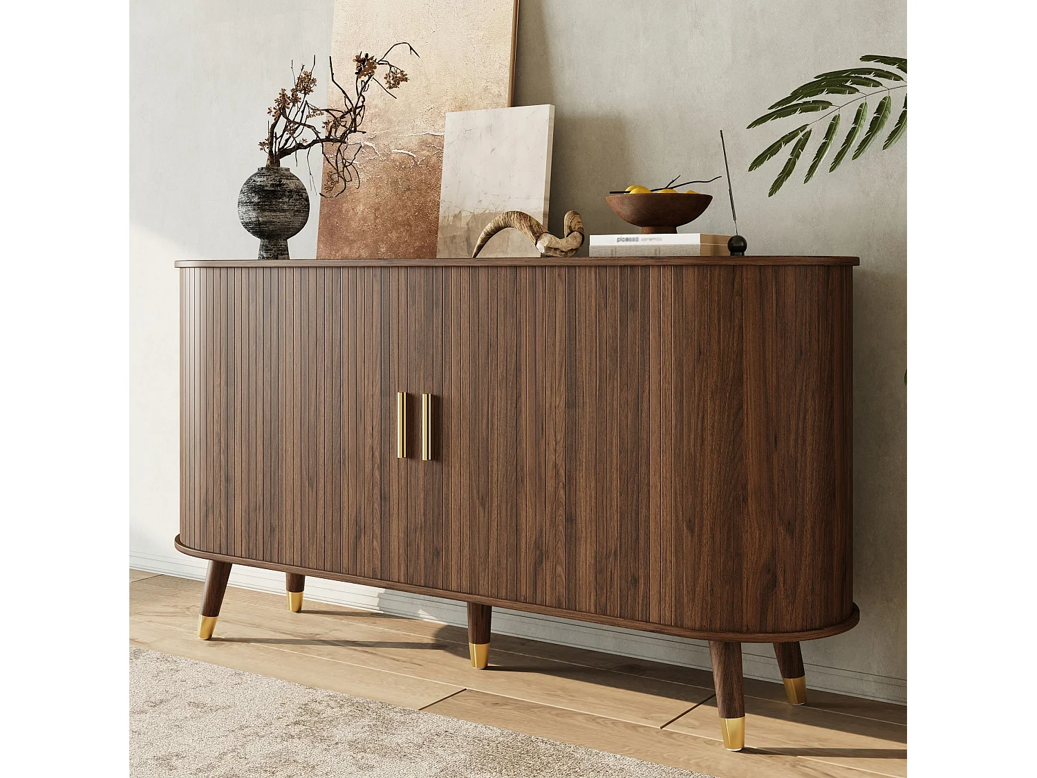Buffet rétro vintage effet noyer 2 portes coulissantes, 2 tiroirs, pieds bois et points dorés design arrondi