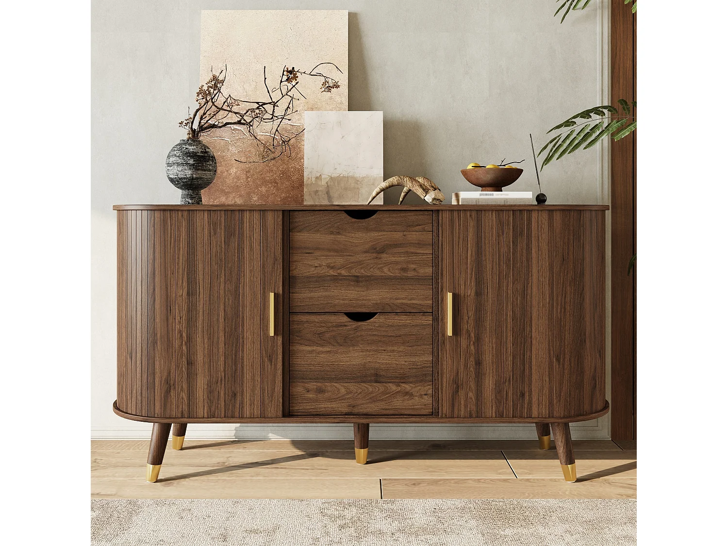 Buffet rétro vintage effet noyer 2 portes coulissantes, 2 tiroirs, pieds bois et points dorés design arrondi