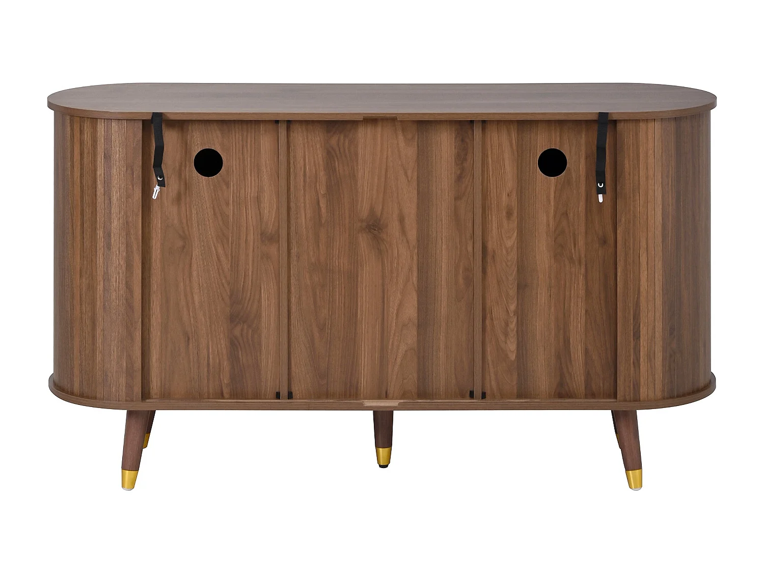Buffet rétro vintage effet noyer 2 portes coulissantes, 2 tiroirs, pieds bois et points dorés design arrondi