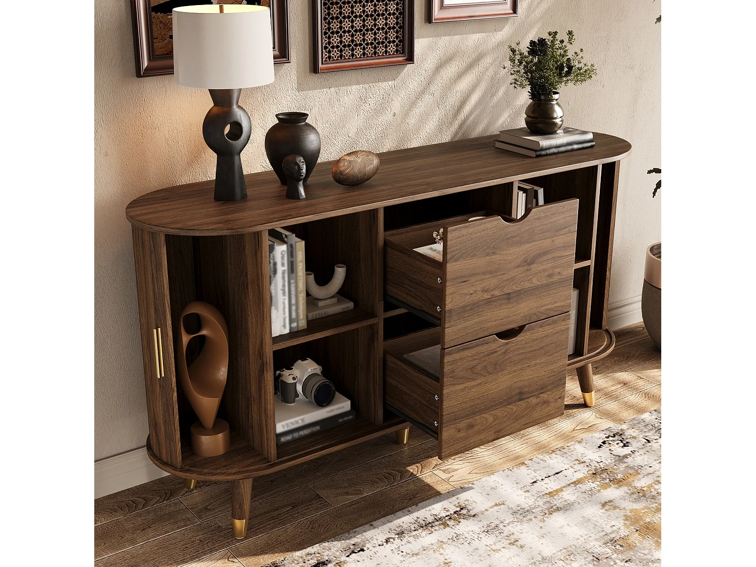 Buffet rétro vintage effet noyer 2 portes coulissantes, 2 tiroirs, pieds bois et points dorés design arrondi