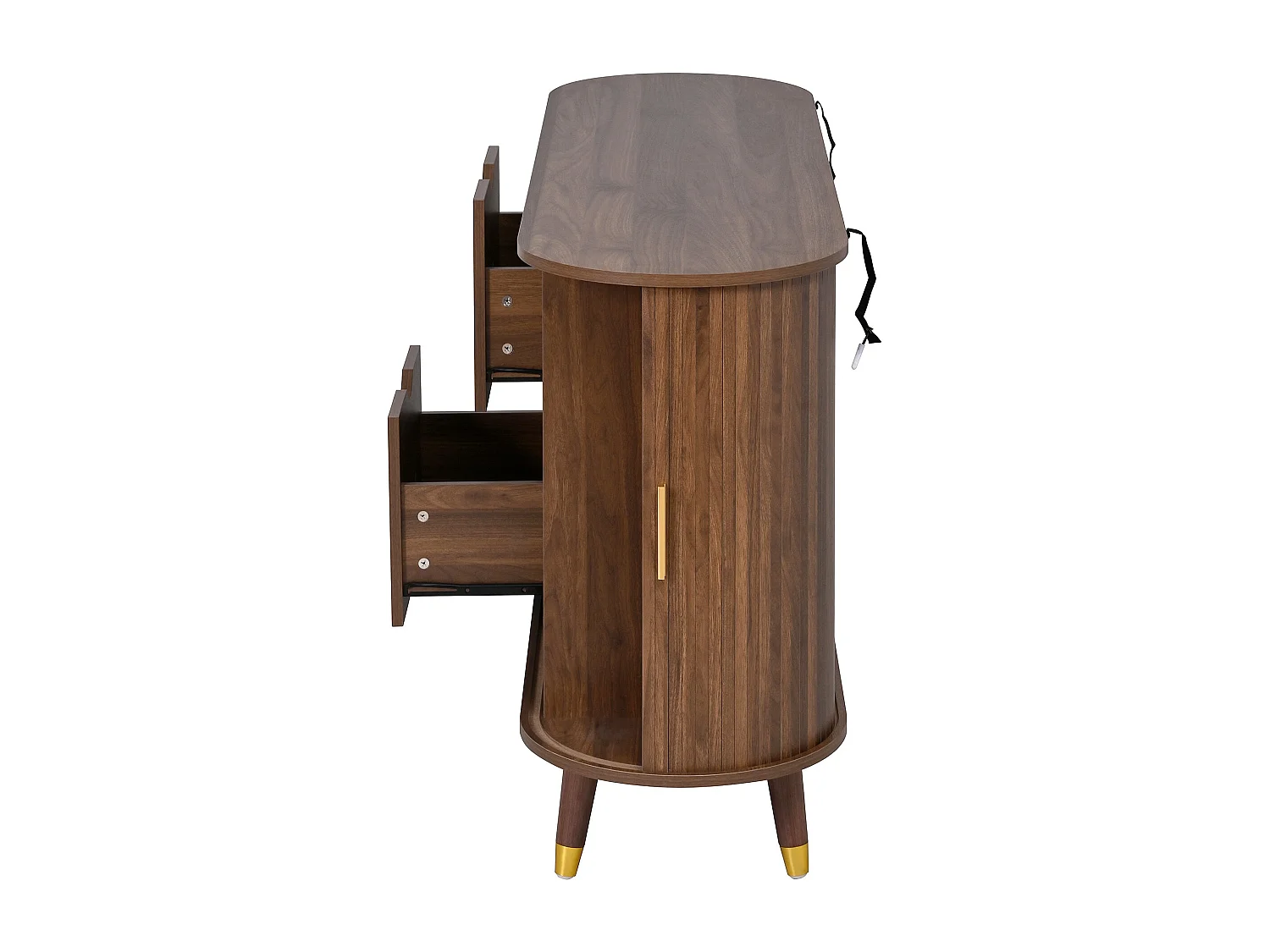 Buffet rétro vintage effet noyer 2 portes coulissantes, 2 tiroirs, pieds bois et points dorés design arrondi