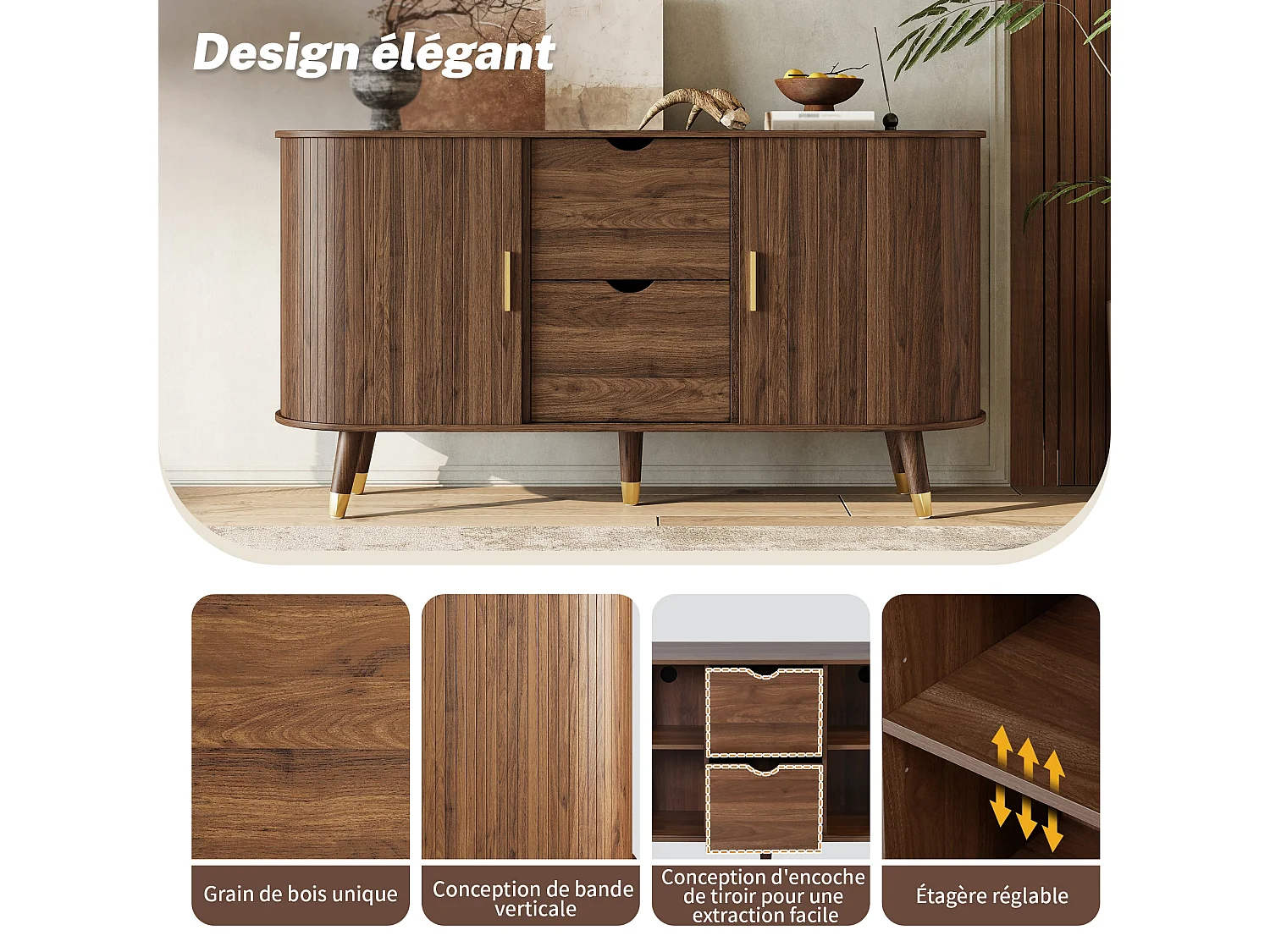 Buffet rétro vintage effet noyer 2 portes coulissantes, 2 tiroirs, pieds bois et points dorés design arrondi