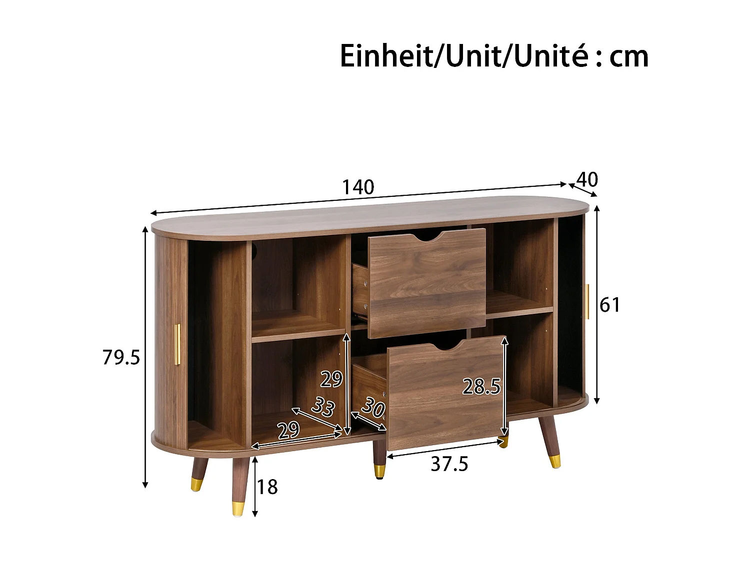 Buffet rétro vintage effet noyer 2 portes coulissantes, 2 tiroirs, pieds bois et points dorés design arrondi