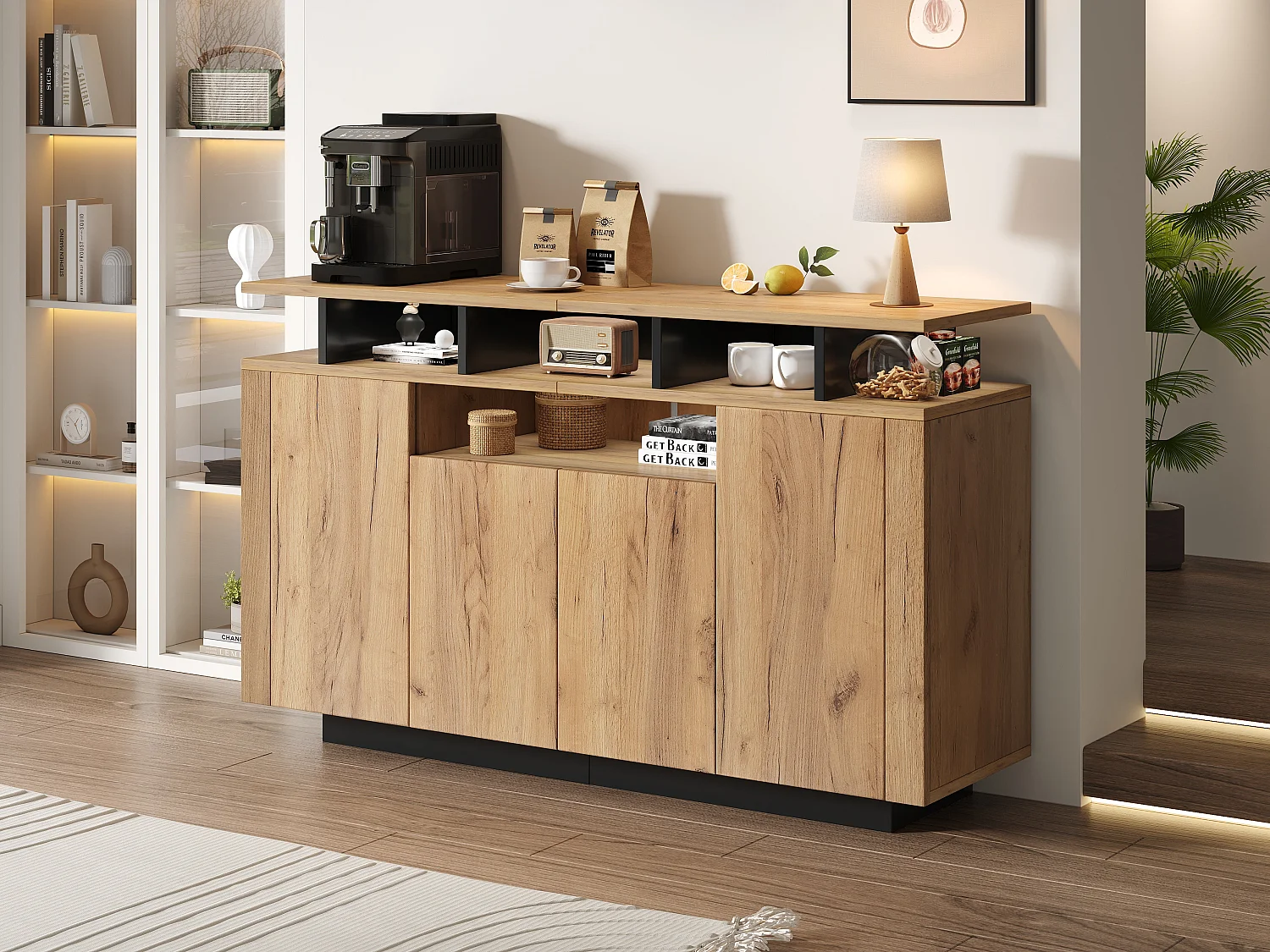 Buffet effet bois naturel 4 niches ouverts 4 portes 140x40x85cm