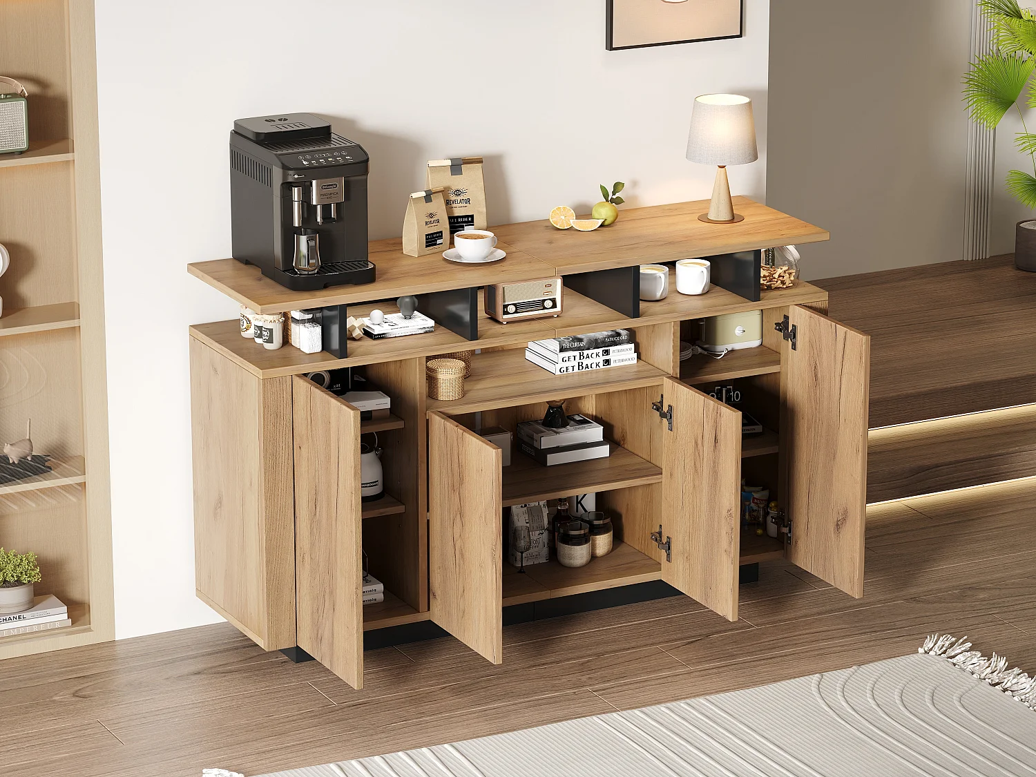 Buffet effet bois naturel 4 niches ouverts 4 portes 140x40x85cm