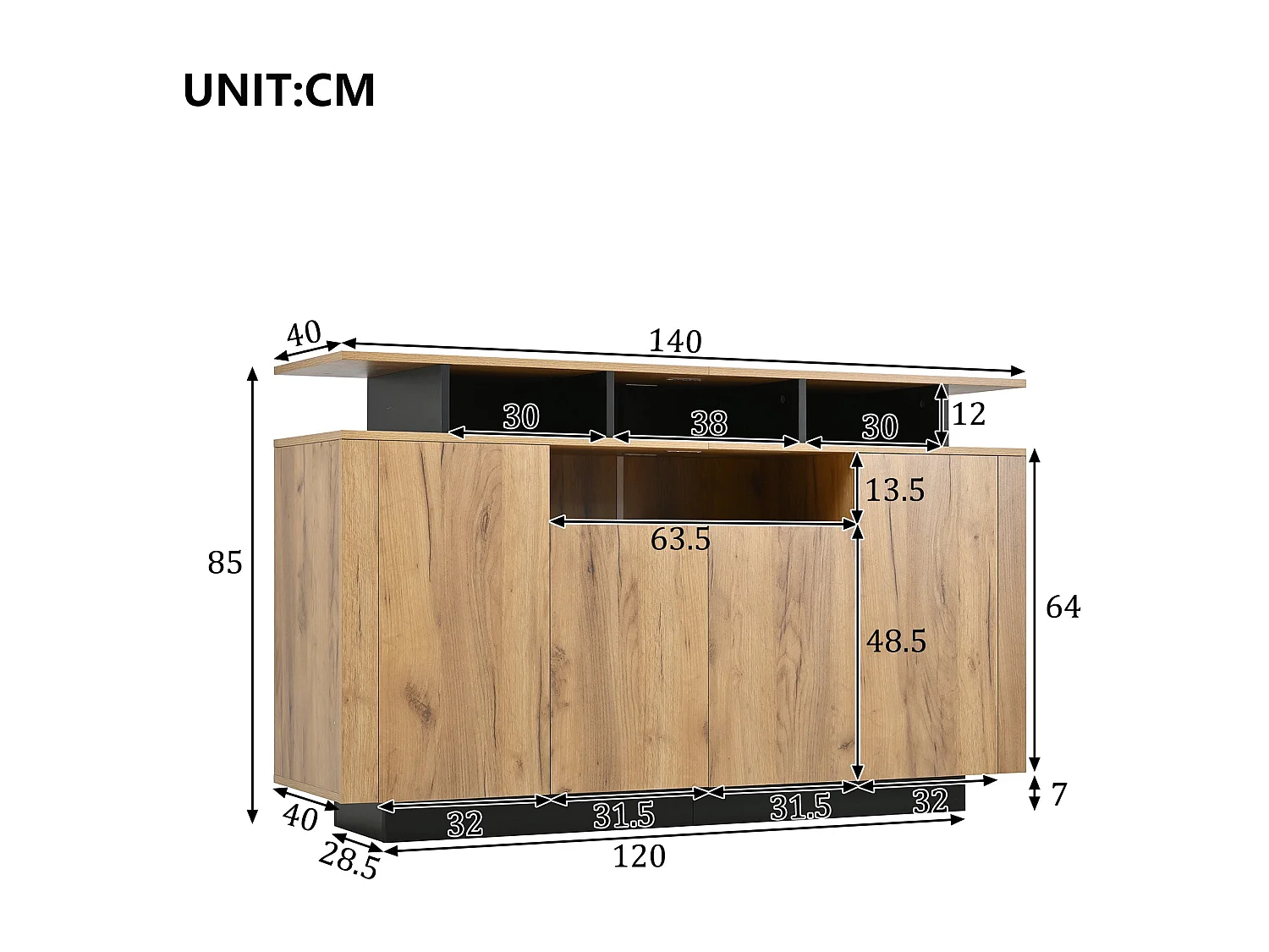 Buffet effet bois naturel 4 niches ouverts 4 portes 140x40x85cm