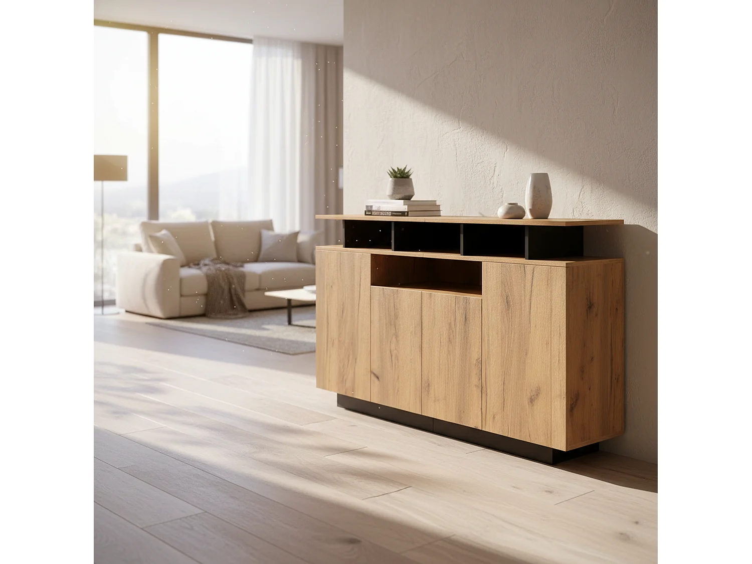 Buffet effet bois naturel 4 niches ouverts 4 portes 140x40x85cm