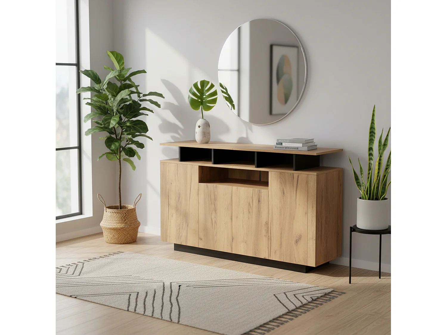 Buffet effet bois naturel 4 niches ouverts 4 portes 140x40x85cm