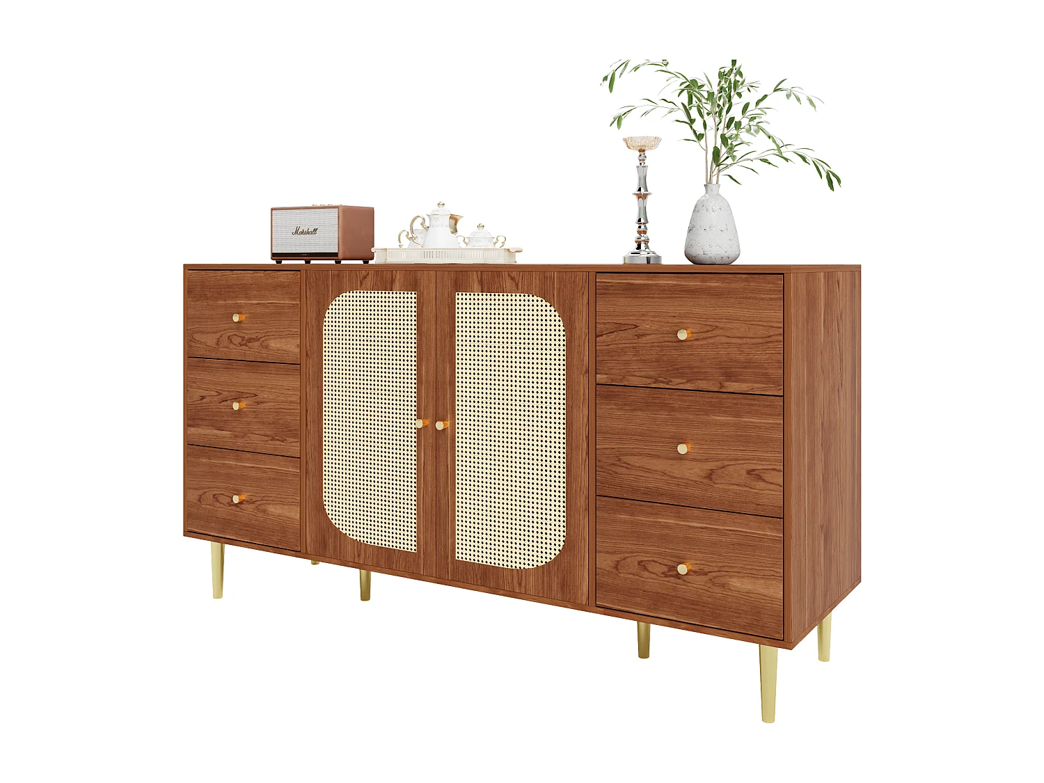 Buffet rétro effet bois 2 portes en rotin et 6 tiroirs 160x40x90 cm