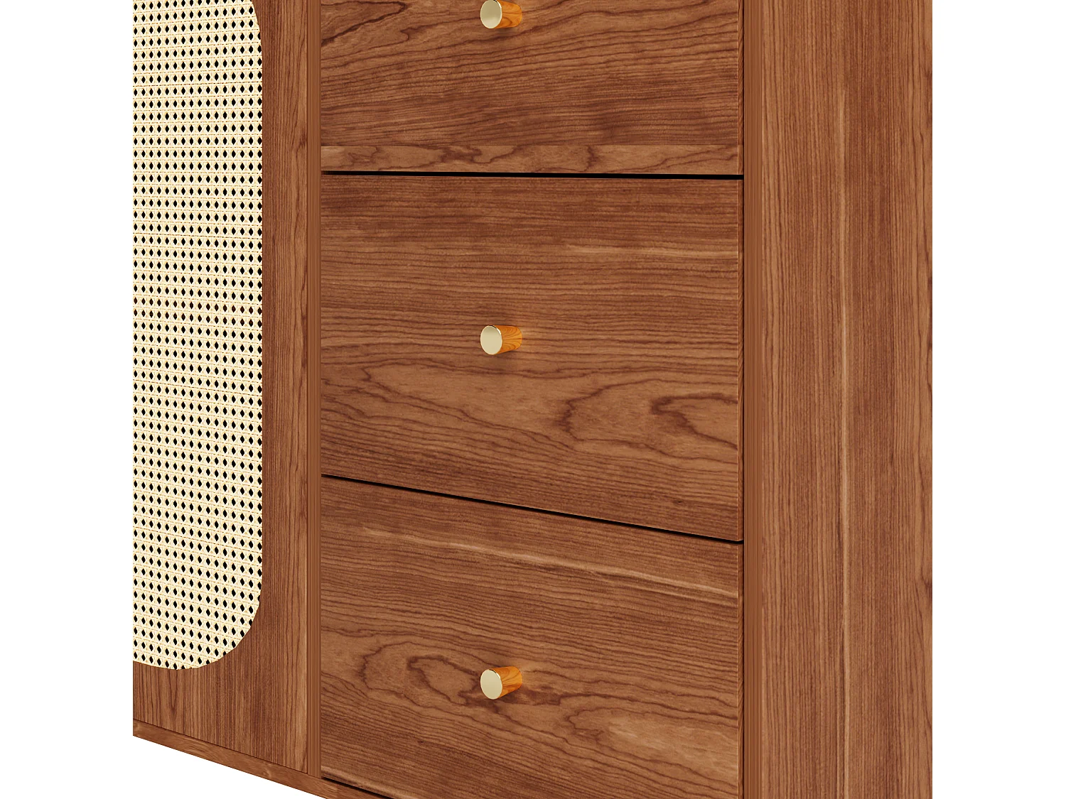 Buffet rétro effet bois 2 portes en rotin et 6 tiroirs 160x40x90 cm