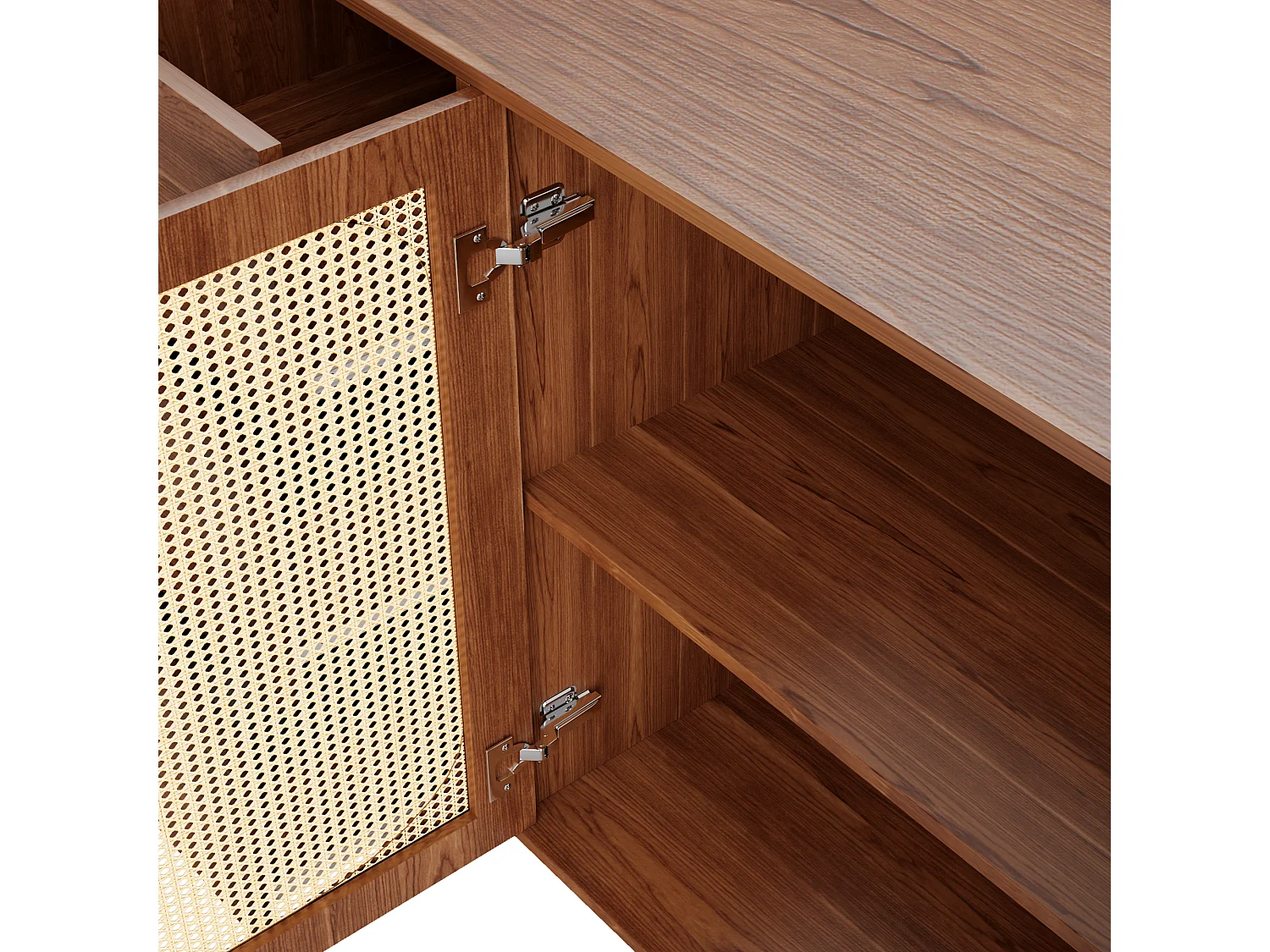 Buffet rétro effet bois 2 portes en rotin et 6 tiroirs 160x40x90 cm