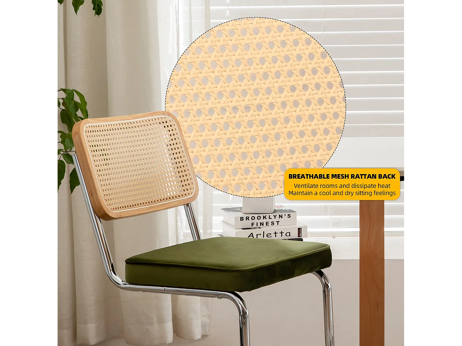 Lot de 2 chaises de salle à manger Breuer en velours vert olive et dossier en rotin, pieds chromés