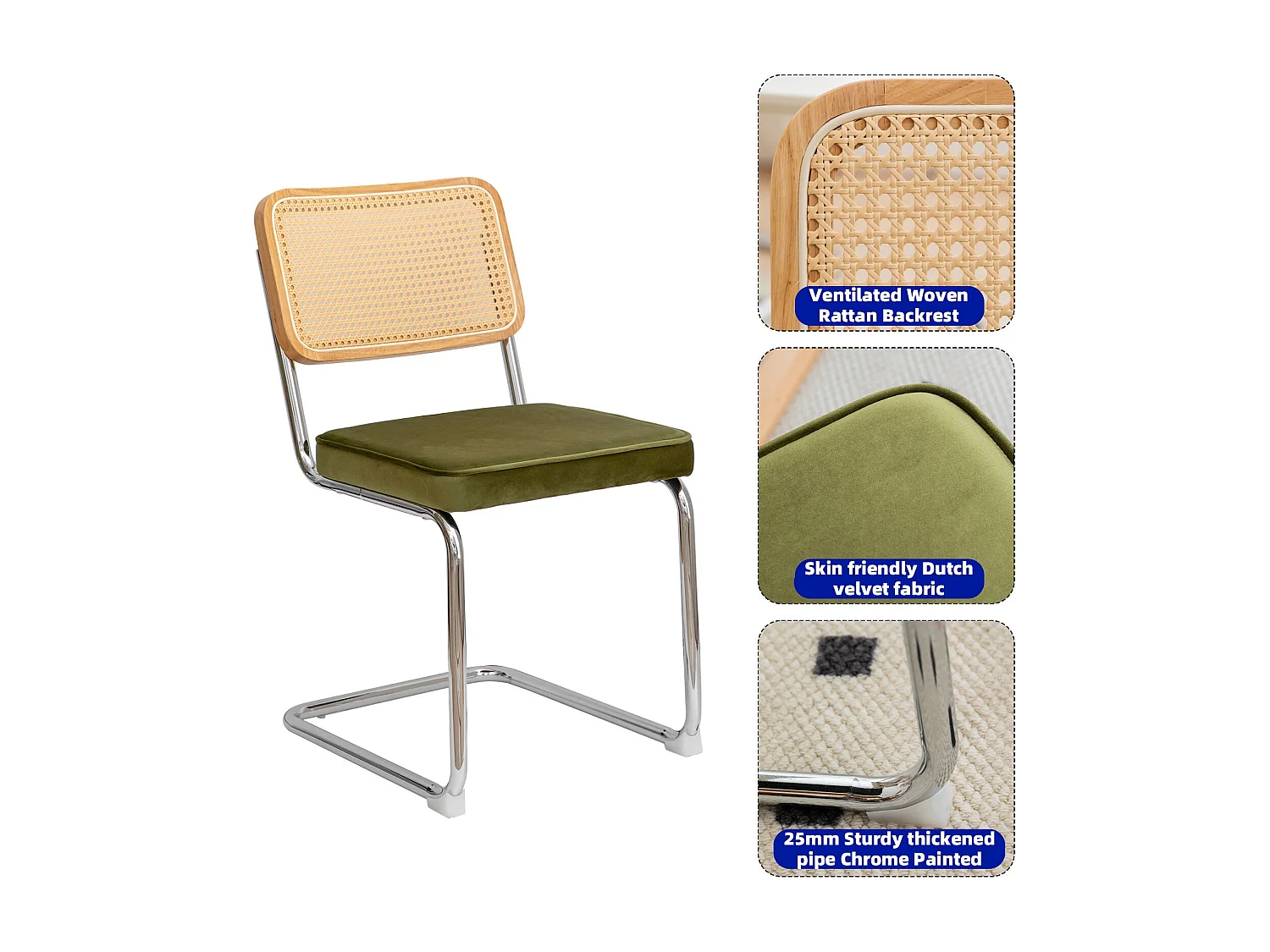 Lot de 2 chaises de salle à manger Breuer en velours vert olive et dossier en rotin, pieds chromés