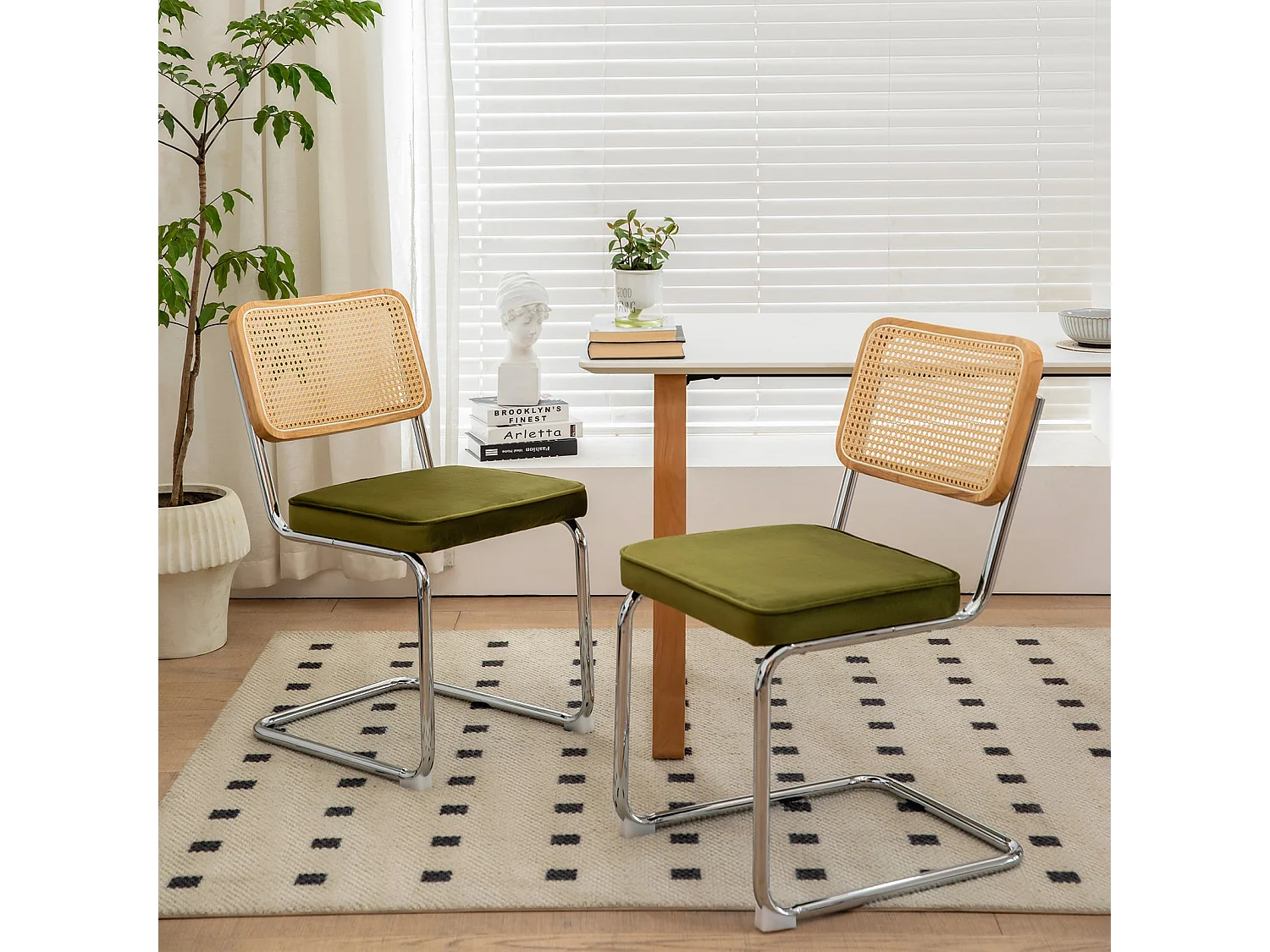 Lot de 2 chaises de salle à manger Breuer en velours vert olive et dossier en rotin, pieds chromés