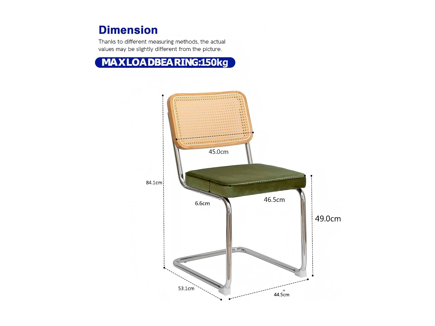 Lot de 2 chaises de salle à manger Breuer en velours vert olive et dossier en rotin, pieds chromés